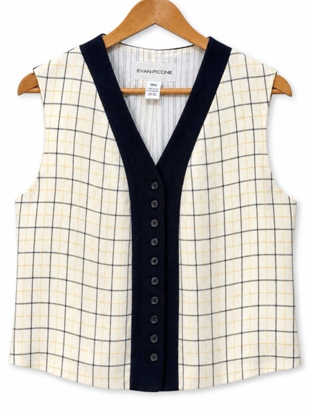 Evan Picone 100% Wool Plaid Sleeveless Button-Front Vest 14 W